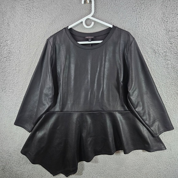 Lane Bryant Tops - Lane Bryant Faux Leather Peplum Top Black Asymmetrical Hem 3/4 Sleeve Plus 22/24